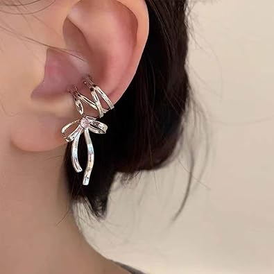 Dark Elegance Ribbon Ear Cuff silver stainless steel clip-on accessory on ear