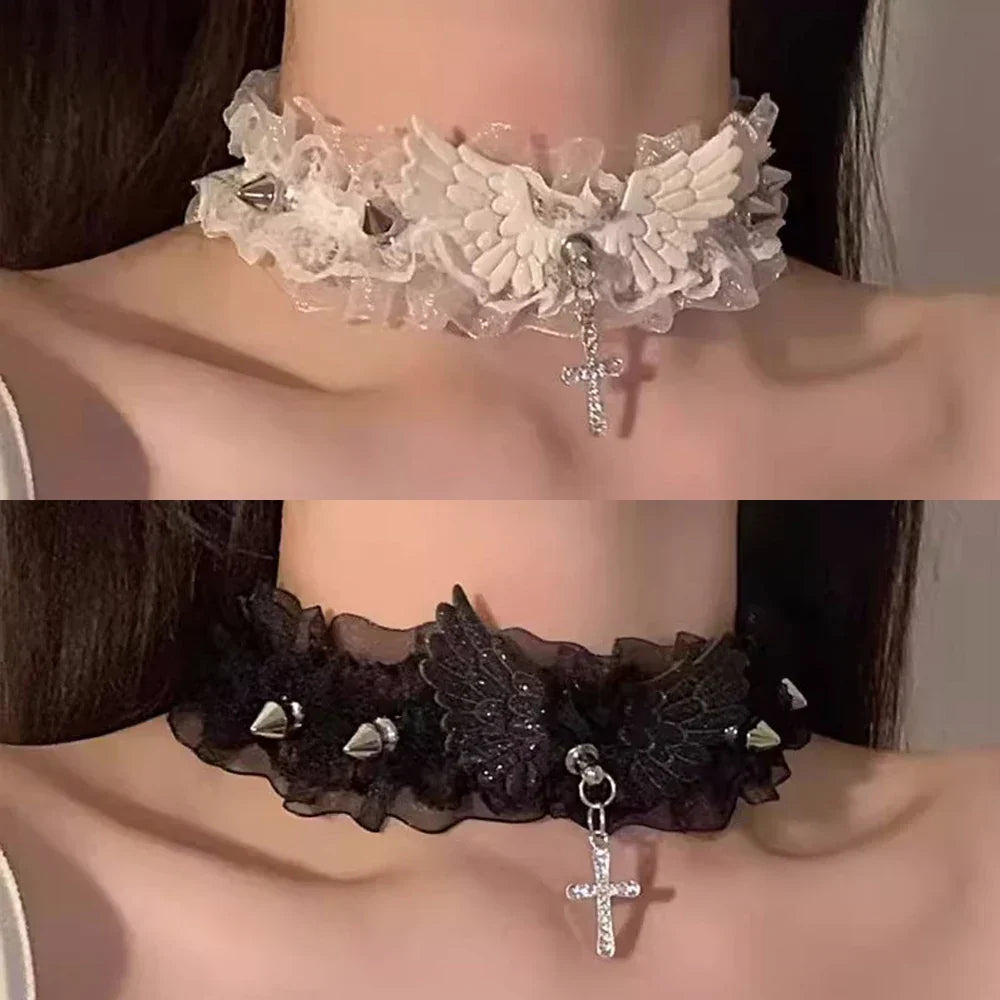 Velvet choker necklace with angel wings and cross pendant in white and black lace designs